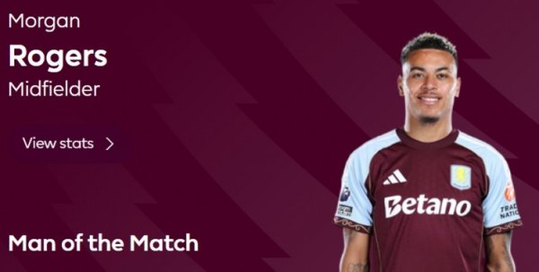 打入远射天下波，英超官方：罗杰斯当选维拉2-1热刺全场最好